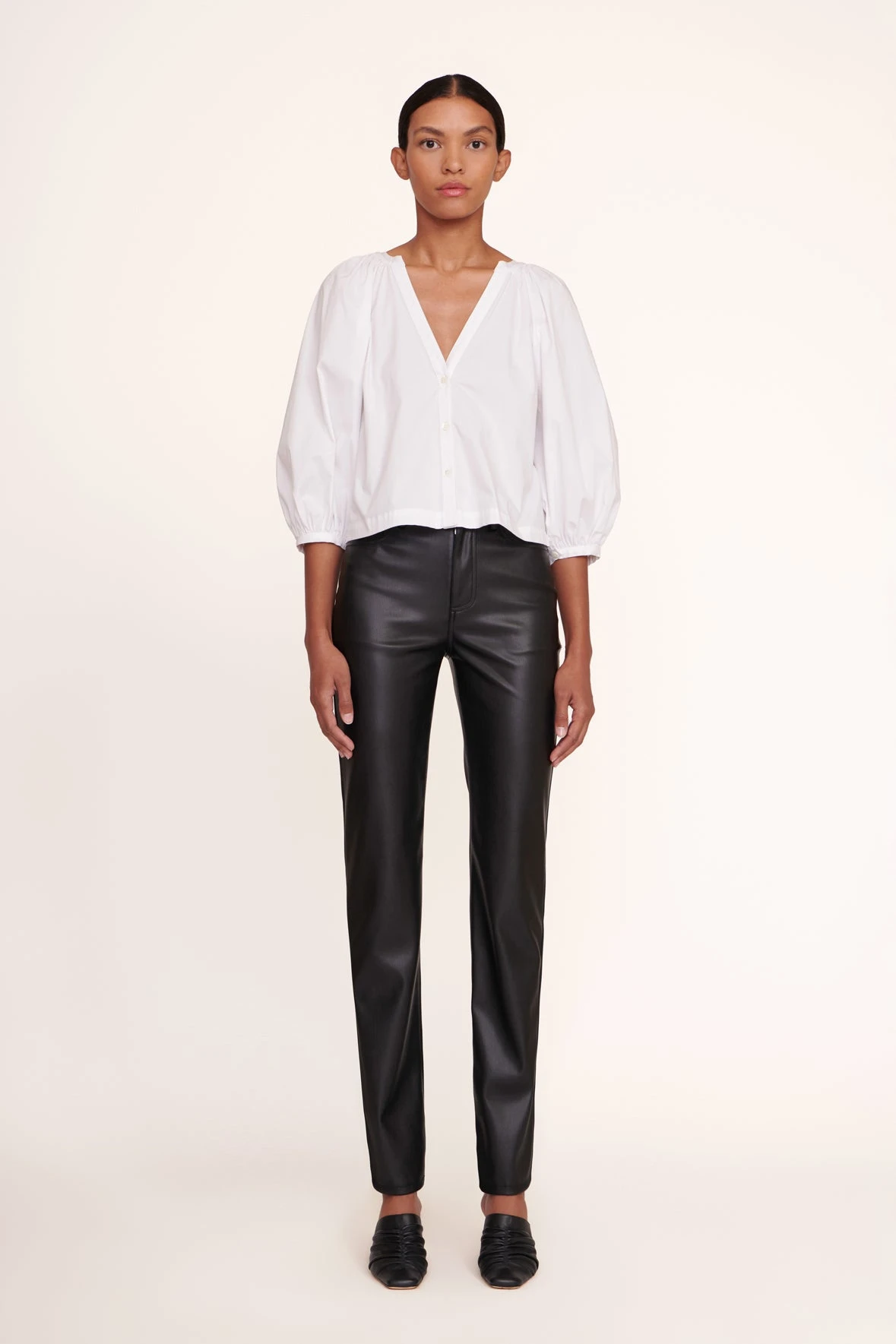 ELLIOT PANT | BLACK VEGAN LEATHER ELLIOT PANT | BLACK VEGAN LEATHER -Staud Store Dill Top White Elliot Pant Black 001 edit web
