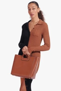 SHIRLEY LEATHER BAG | SADDLE -Staud Store Milton Top Tan Black Elms Skirt Tan Black 02605 web