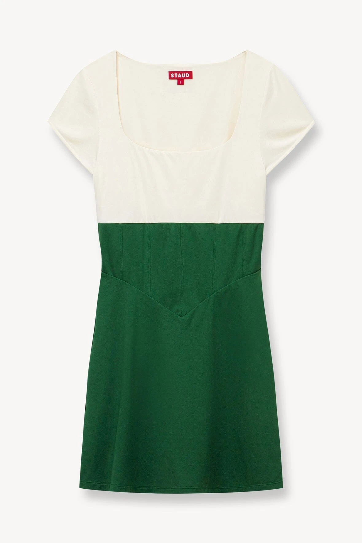 BACKSPIN DRESS | COURT GREEN IVORY BACKSPIN DRESS | COURT GREEN IVORY -Staud Store STAUD BACKSPIN DRESS IVORY GREEN SUPF 23 ECOM 1