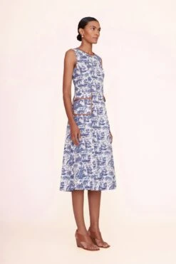 BAIT DRESS | BLUE TOILE WHISKEY -Staud Store bait dress blue toile 00569 web