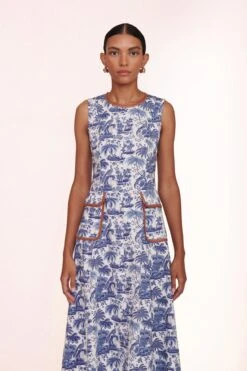 BAIT DRESS | BLUE TOILE WHISKEY -Staud Store bait dress blue toile 00575 web