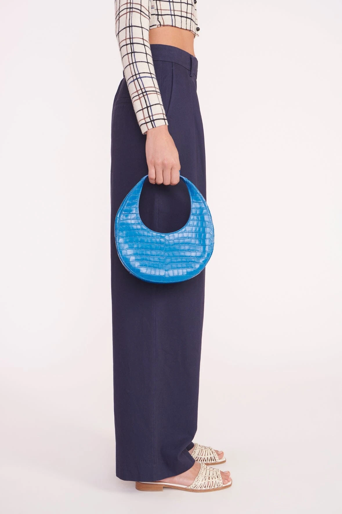 MINI MOON BAG | ISLAND BLUE MINI MOON BAG | ISLAND BLUE -Staud Store deanna sweater creme dawn plaid luisa pant nav 05359 web