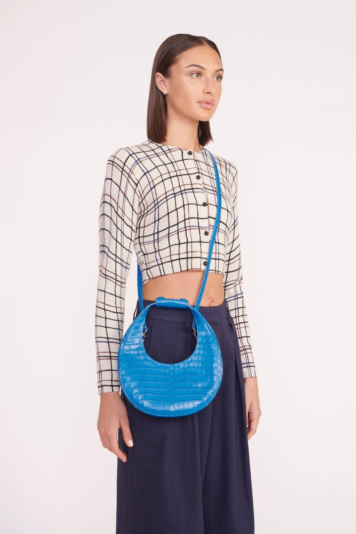 MINI MOON BAG | ISLAND BLUE MINI MOON BAG | ISLAND BLUE -Staud Store deanna sweater creme dawn plaid luisa pant nav 05361 web